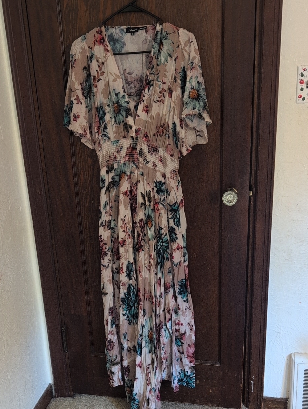 Tolani Blush Floral Pleated Maxi Dress with Teal Accents